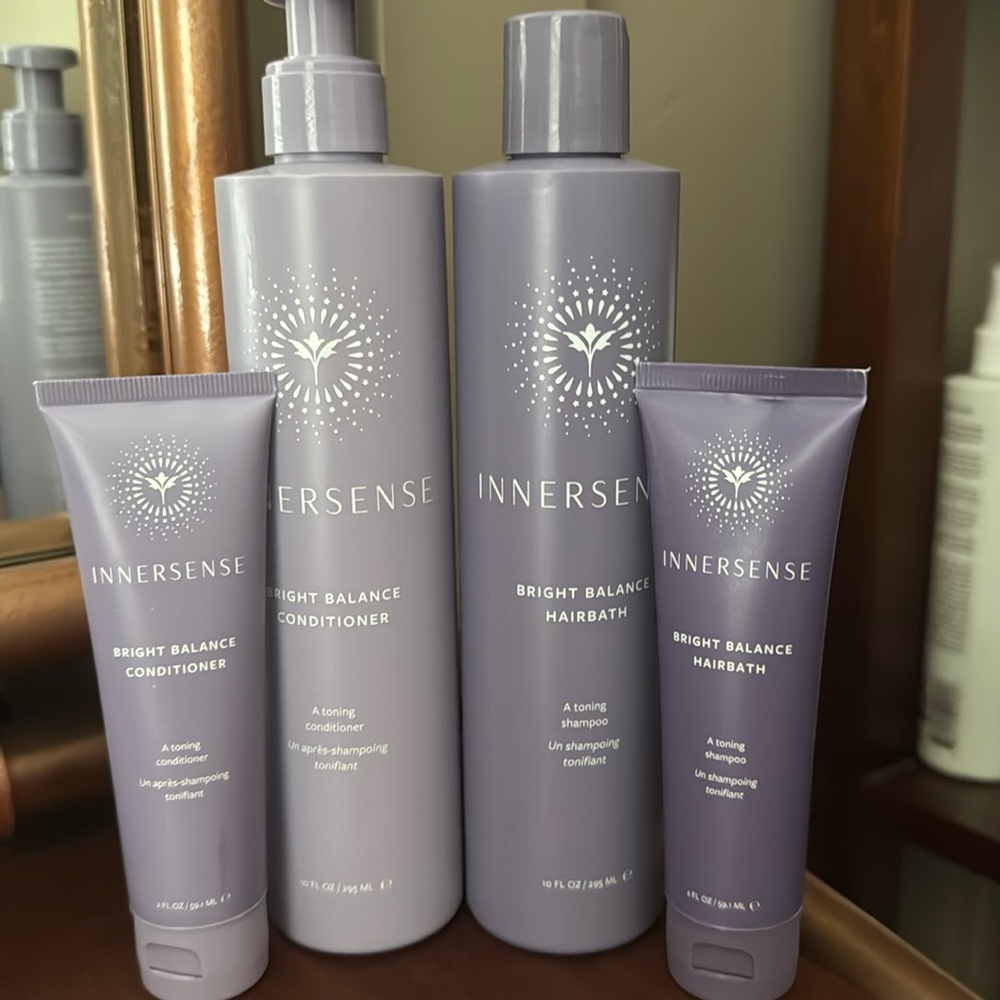 Innersense bright balance duo and samples. Purple shampoo for toning brassiness.